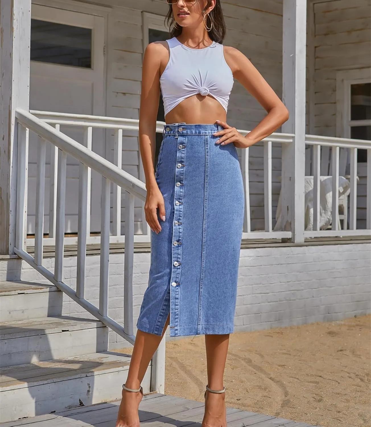 Irregular Slit Denim high Waist Maxi Skirt, Washed Button Front Denim Long Skirt Midi Length A Line Denim Jean Pencil Skirt