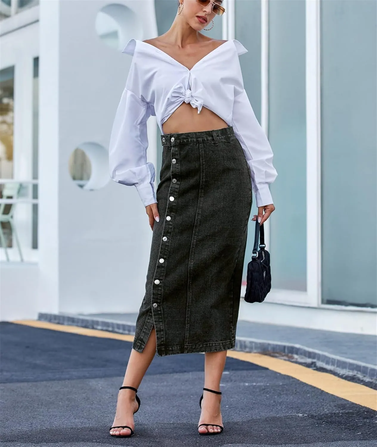 Irregular Slit Denim high Waist Maxi Skirt, Washed Button Front Denim Long Skirt Midi Length A Line Denim Jean Pencil Skirt
