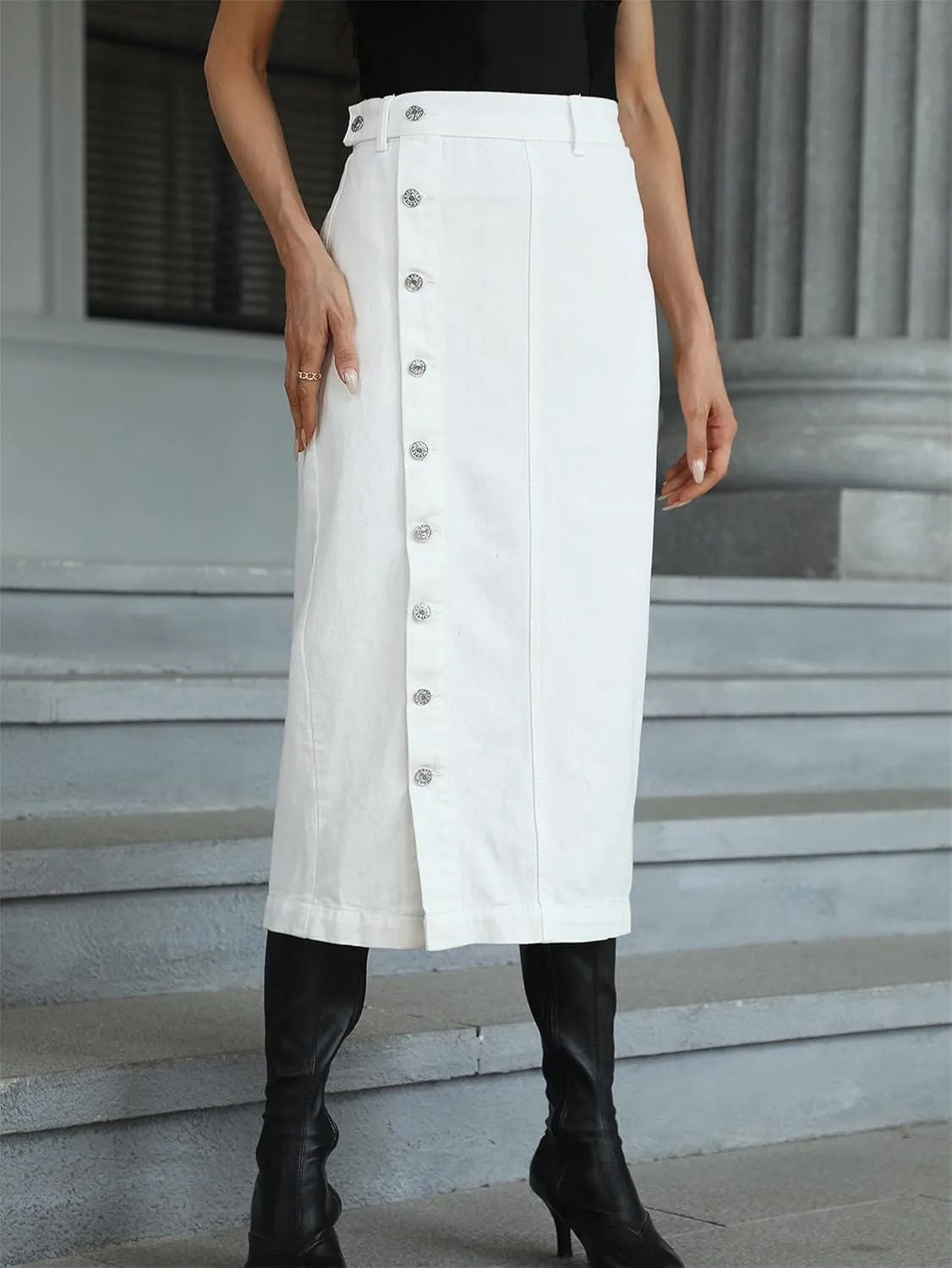 Irregular Slit Denim high Waist Maxi Skirt, Washed Button Front Denim Long Skirt Midi Length A Line Denim Jean Pencil Skirt