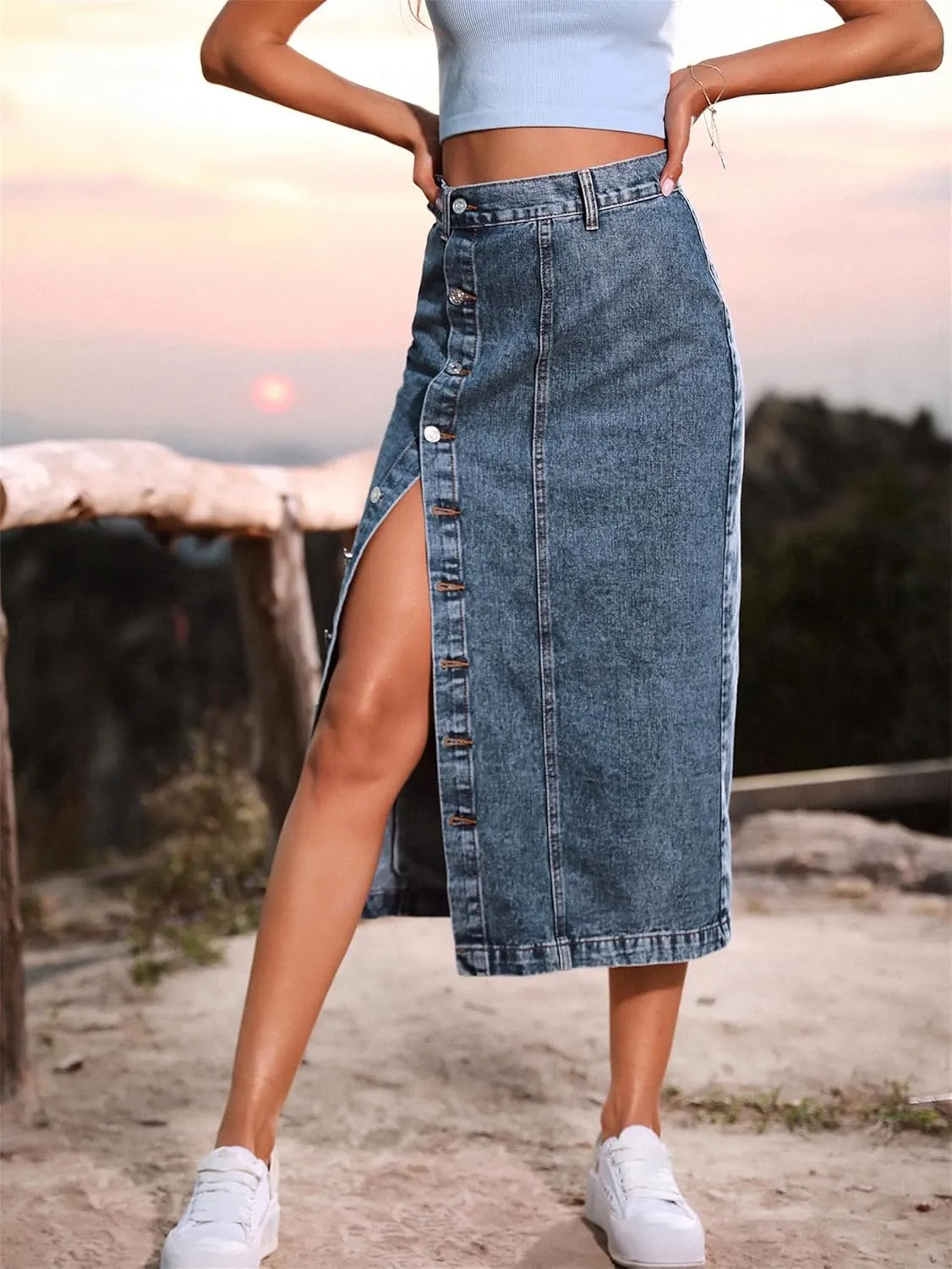 Irregular Slit Denim high Waist Maxi Skirt, Washed Button Front Denim Long Skirt Midi Length A Line Denim Jean Pencil Skirt