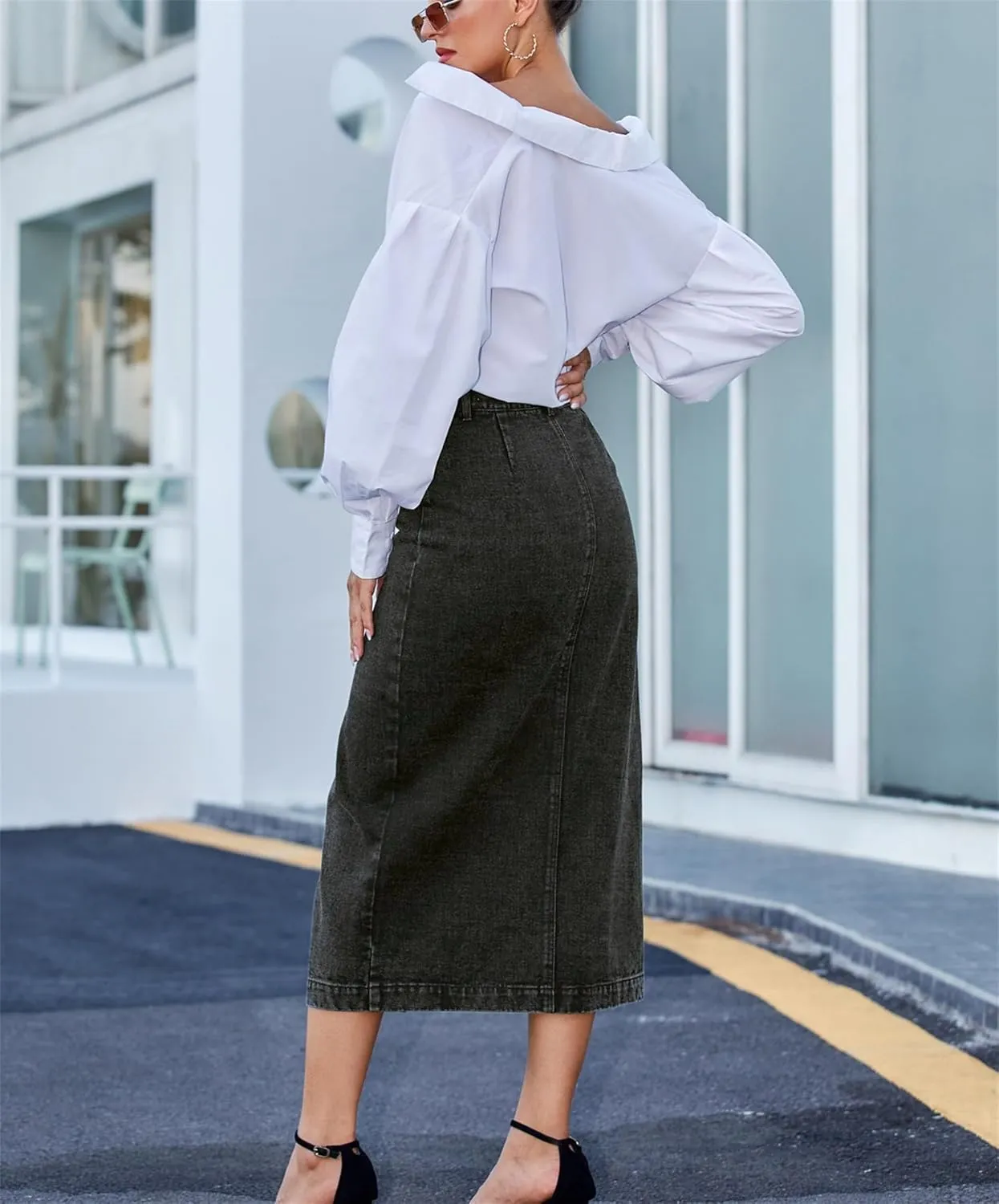 Irregular Slit Denim high Waist Maxi Skirt, Washed Button Front Denim Long Skirt Midi Length A Line Denim Jean Pencil Skirt