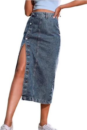 Irregular Slit Denim high Waist Maxi Skirt, Washed Button Front Denim Long Skirt Midi Length A Line Denim Jean Pencil Skirt