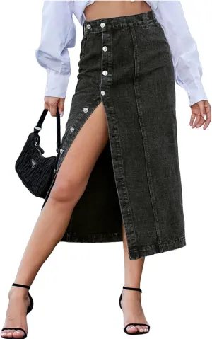 Irregular Slit Denim high Waist Maxi Skirt, Washed Button Front Denim Long Skirt Midi Length A Line Denim Jean Pencil Skirt