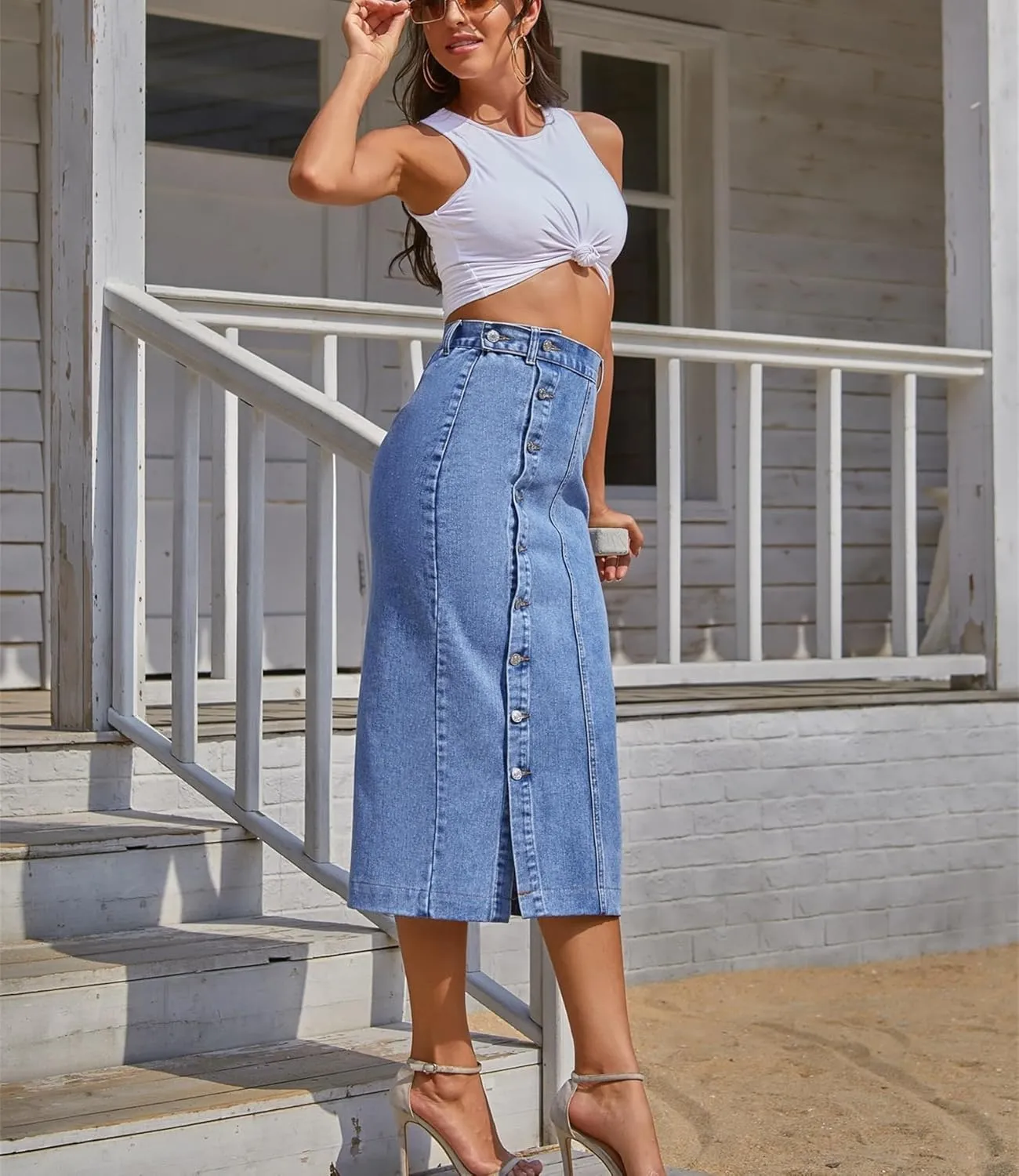 Irregular Slit Denim high Waist Maxi Skirt, Washed Button Front Denim Long Skirt Midi Length A Line Denim Jean Pencil Skirt