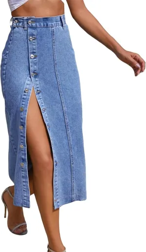 Irregular Slit Denim high Waist Maxi Skirt, Washed Button Front Denim Long Skirt Midi Length A Line Denim Jean Pencil Skirt