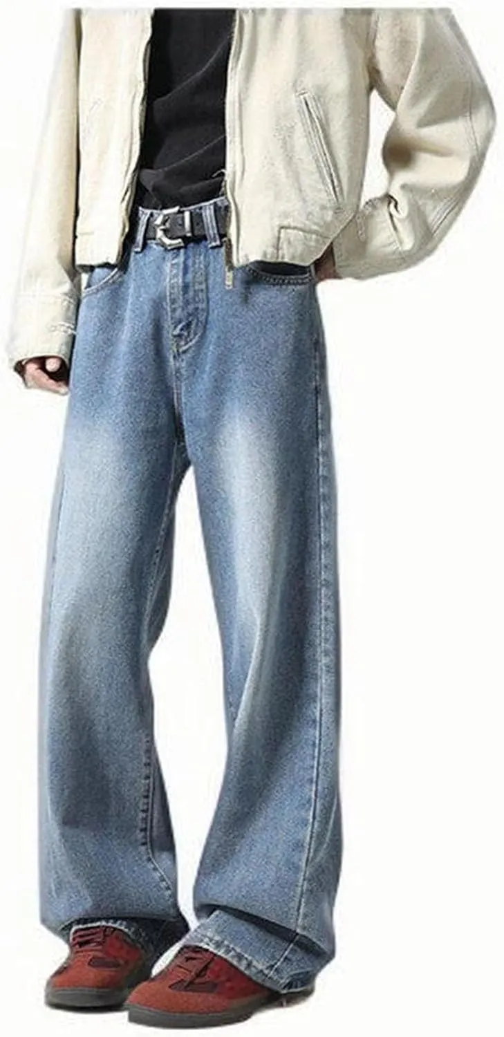 Jeans for Men Classic Washed Straight Wide Leg Denim Pants Relaxed Fit Casual Street Trousers Plus Size Jeans Slacks