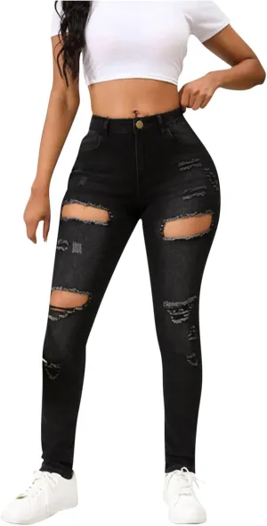 Jeggings for Women Fashion Ripped Street Denim Pants Buckle Elastic Narrow Hem Jeans Trendy Ripped Skinny Jeans
