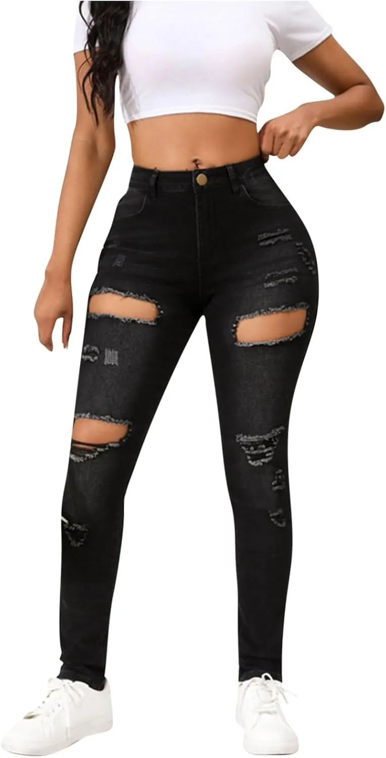 Jeggings for Women Fashion Ripped Street Denim Pants Buckle Elastic Narrow Hem Jeans Trendy Ripped Skinny Jeans