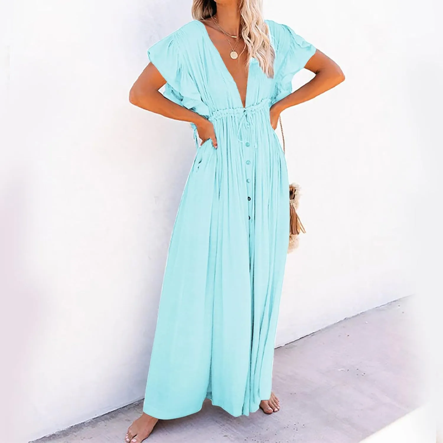 Kaftan Dresses for Women Plus Size Batwing Sleeve Caftans Long Bathing Suit Cover Up Maxi Beach Dress Loungewear