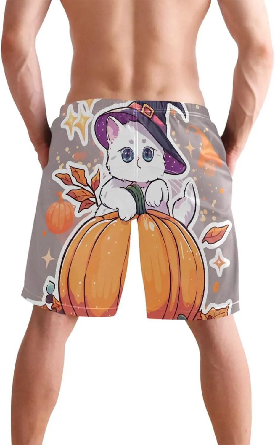 Kitten Witch Pumpkin Men's Swimming Trunks Swim Trunks for Men Hawaiian Swimwear with Mesh Liner S