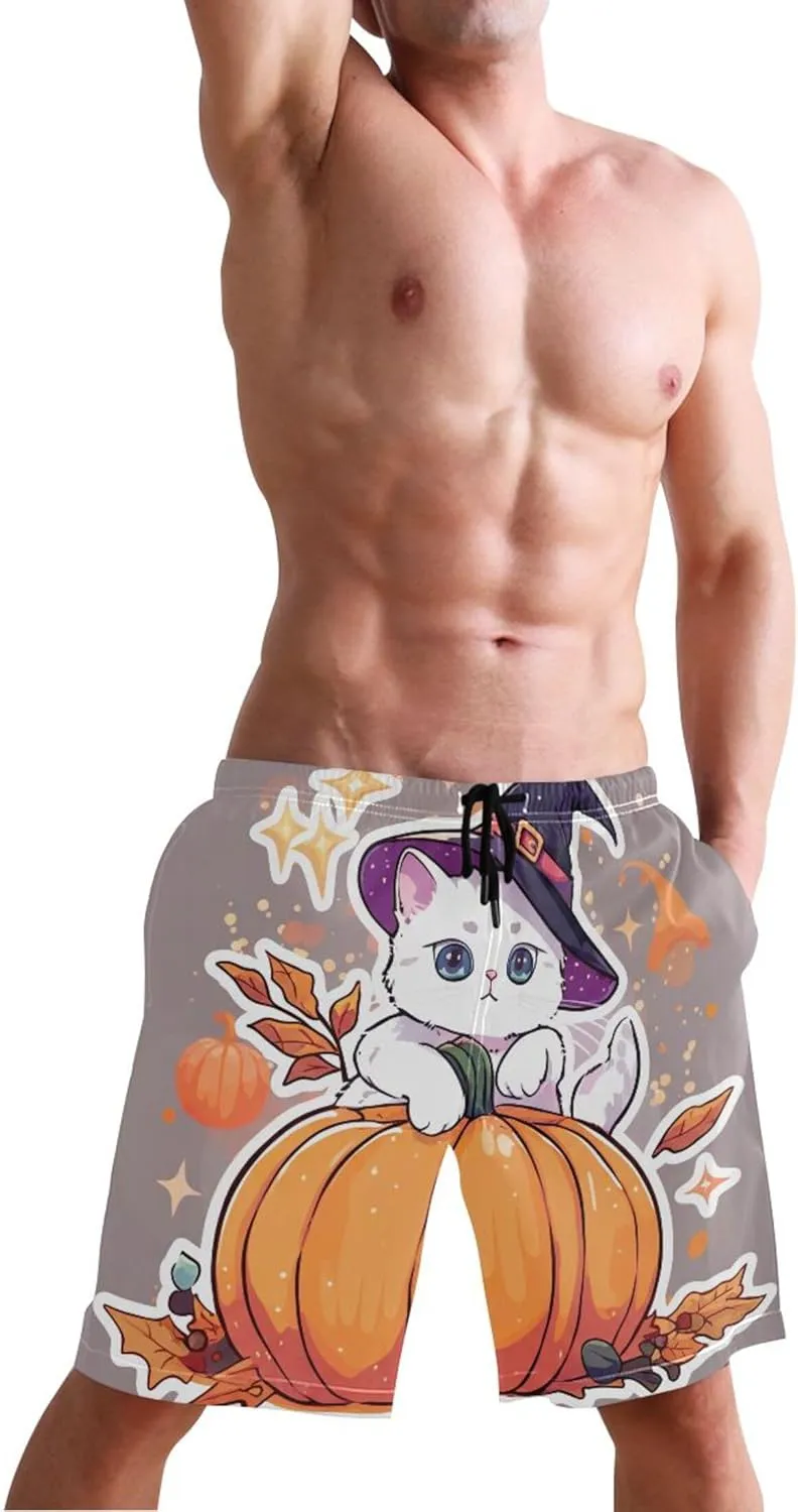 Kitten Witch Pumpkin Men's Swimming Trunks Swim Trunks for Men Hawaiian Swimwear with Mesh Liner S
