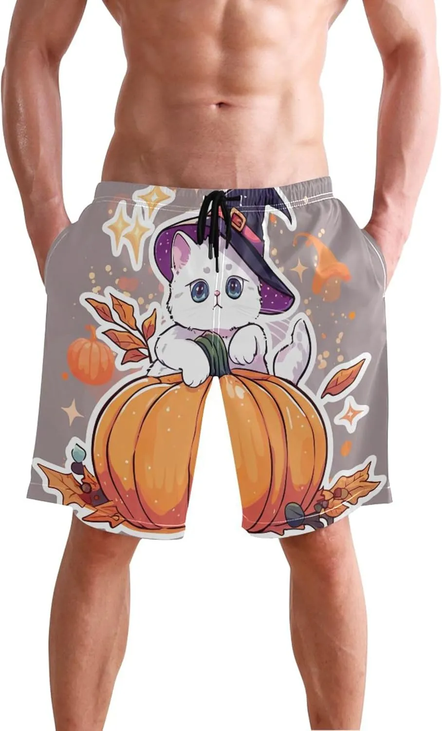 Kitten Witch Pumpkin Men's Swimming Trunks Swim Trunks for Men Hawaiian Swimwear with Mesh Liner S