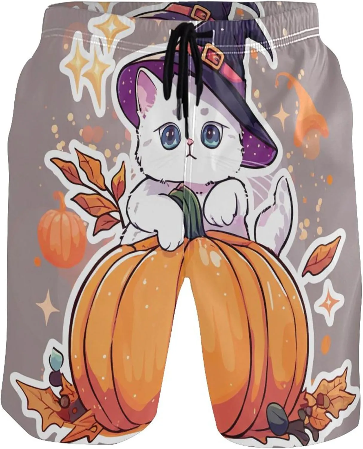 Kitten Witch Pumpkin Men's Swimming Trunks Swim Trunks for Men Hawaiian Swimwear with Mesh Liner S
