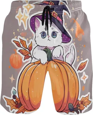 Kitten Witch Pumpkin Men's Swimming Trunks Swim Trunks for Men Hawaiian Swimwear with Mesh Liner S