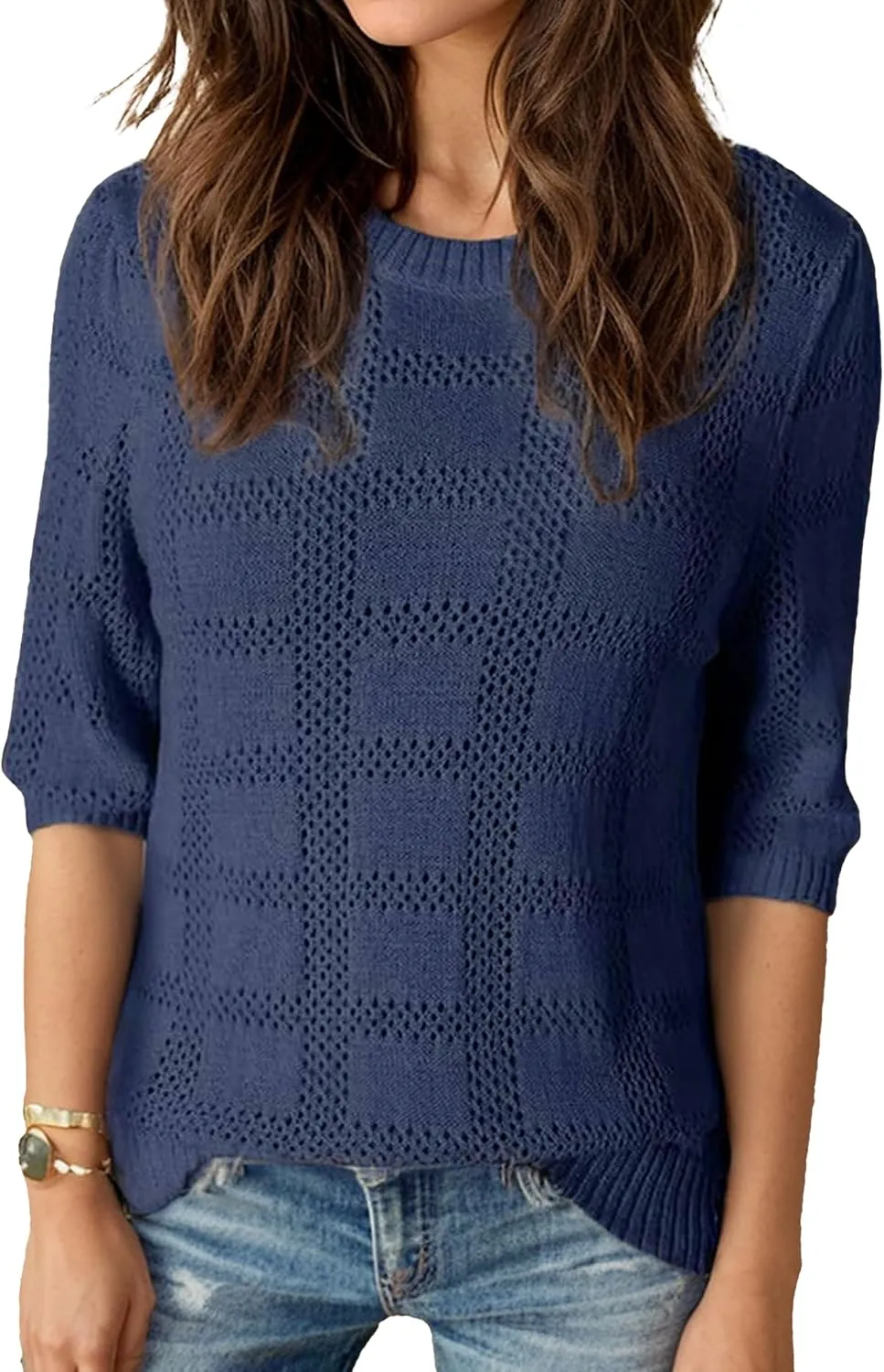 Knit Tops for Women Scoop Neck Short Sleeve Crochet Tops Blouses Dressy Casual Fall Lightweight Sweaters