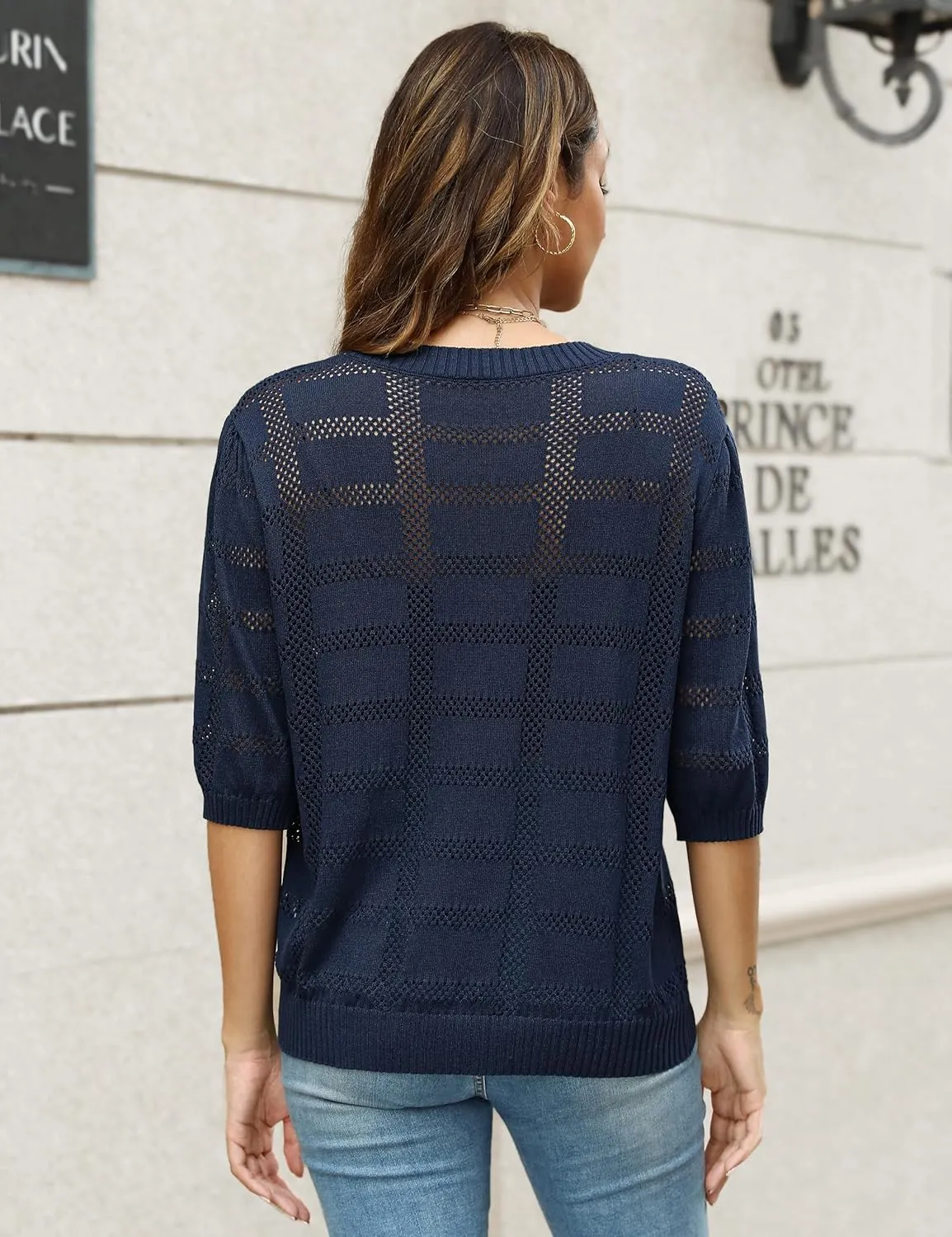 Knit Tops for Women Scoop Neck Short Sleeve Crochet Tops Blouses Dressy Casual Fall Lightweight Sweaters