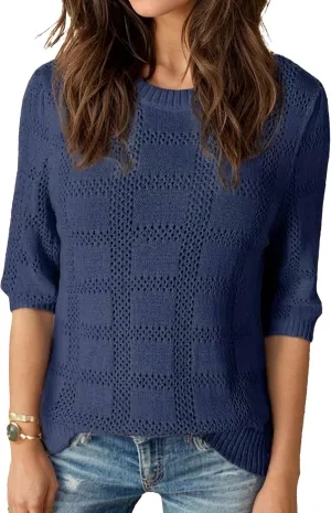 Knit Tops for Women Scoop Neck Short Sleeve Crochet Tops Blouses Dressy Casual Fall Lightweight Sweaters