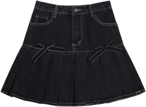 Korean Version High Waist Slim Denim Skirt Women Summer Bow Pleated Denim Miniskirt