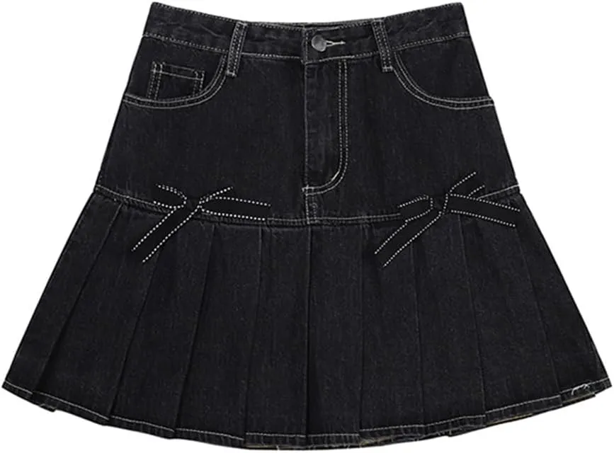 Korean Version High Waist Slim Denim Skirt Women Summer Bow Pleated Denim Miniskirt