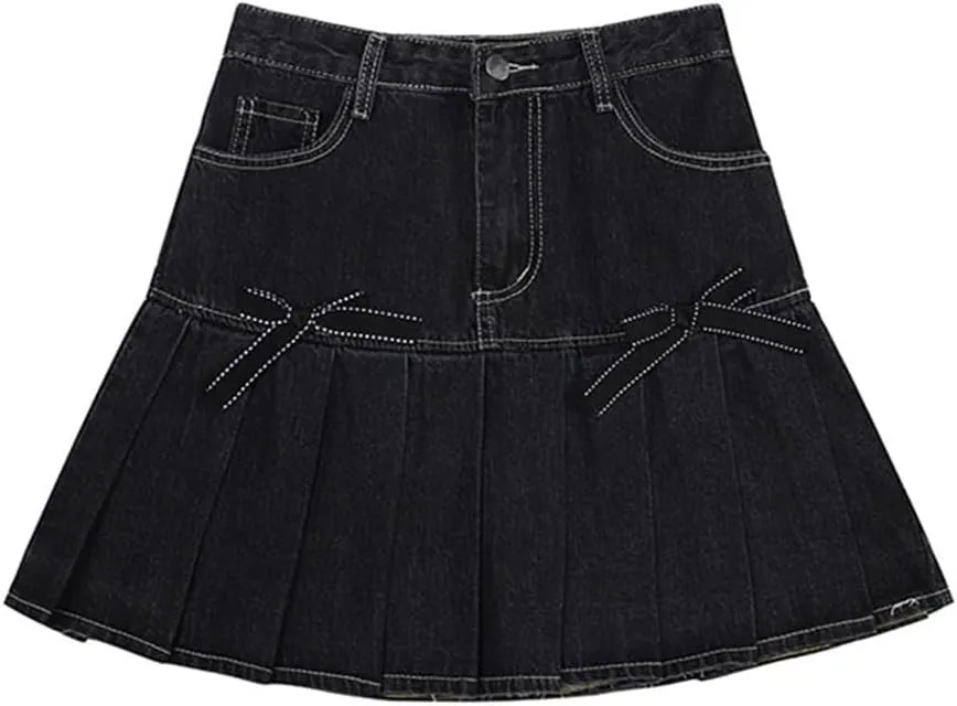 Korean Version High Waist Slim Denim Skirt Women Summer Bow Pleated Denim Miniskirt