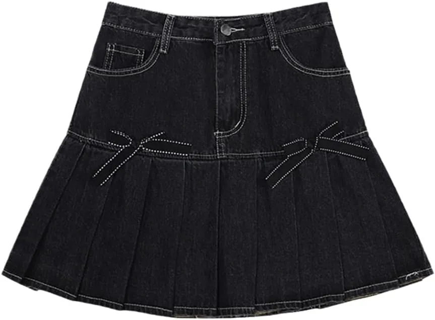 Korean Version High Waist Slim Denim Skirt Women Summer Bow Pleated Denim Miniskirt