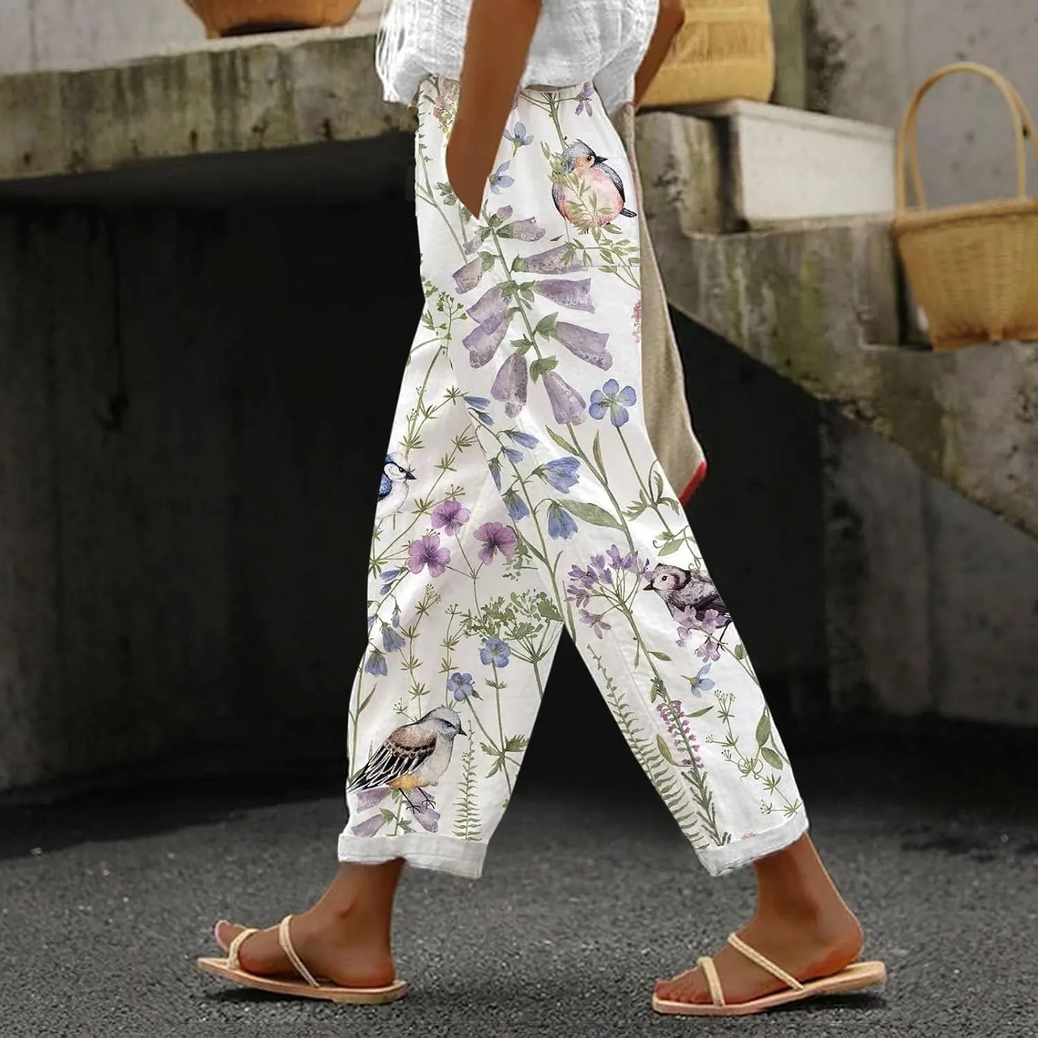 LCMTWX Flowy Linen Pants for Women 2025 Drawstring Pants Capri Pants 2025 Pants with Pockets Wide Leg Cropped Pants Cotton