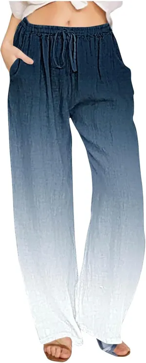 LEMONONSTORE Women Linen Pants Casual Wide Leg Pants Summer Palazzo Pants Loose Flowy Beach Pants Drawstring Elastic Trousers