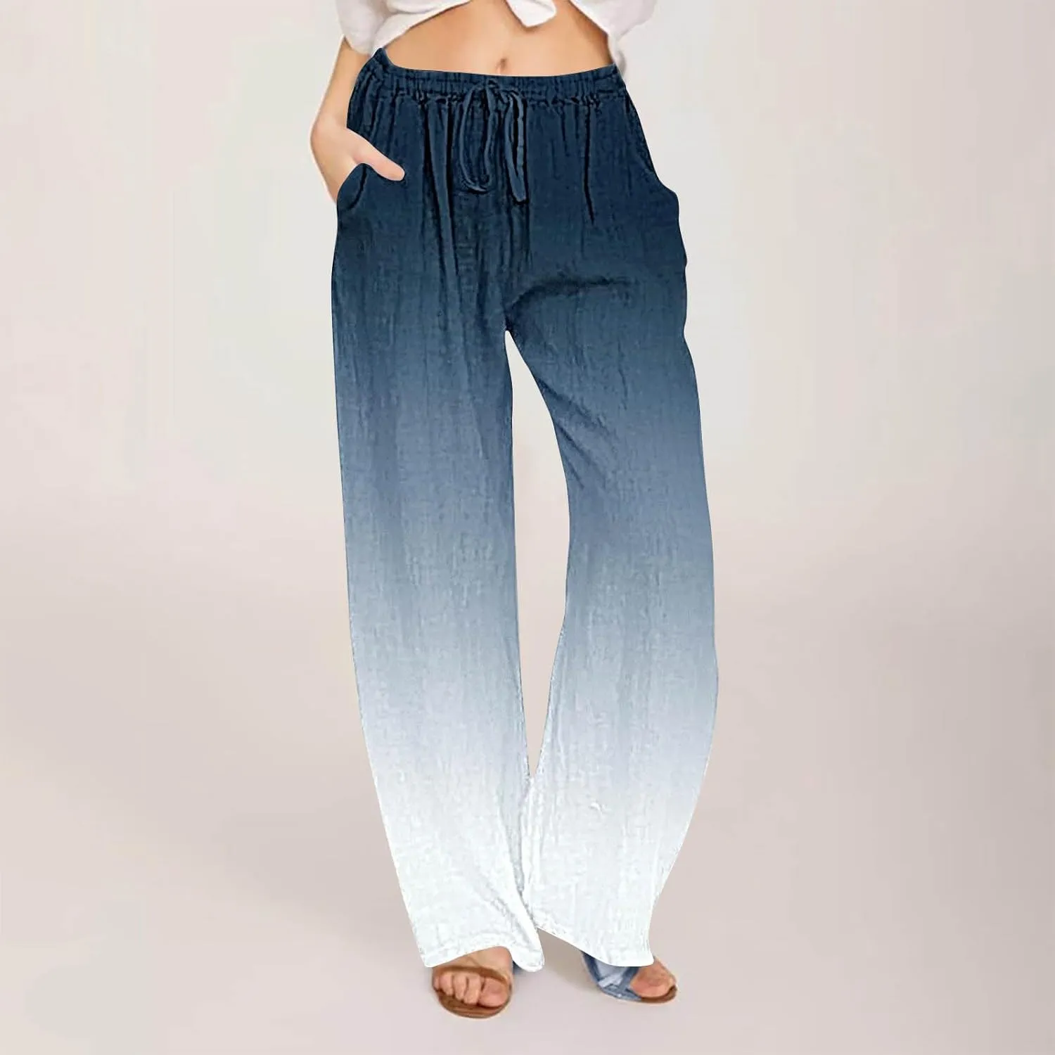 LEMONONSTORE Women Linen Pants Casual Wide Leg Pants Summer Palazzo Pants Loose Flowy Beach Pants Drawstring Elastic Trousers
