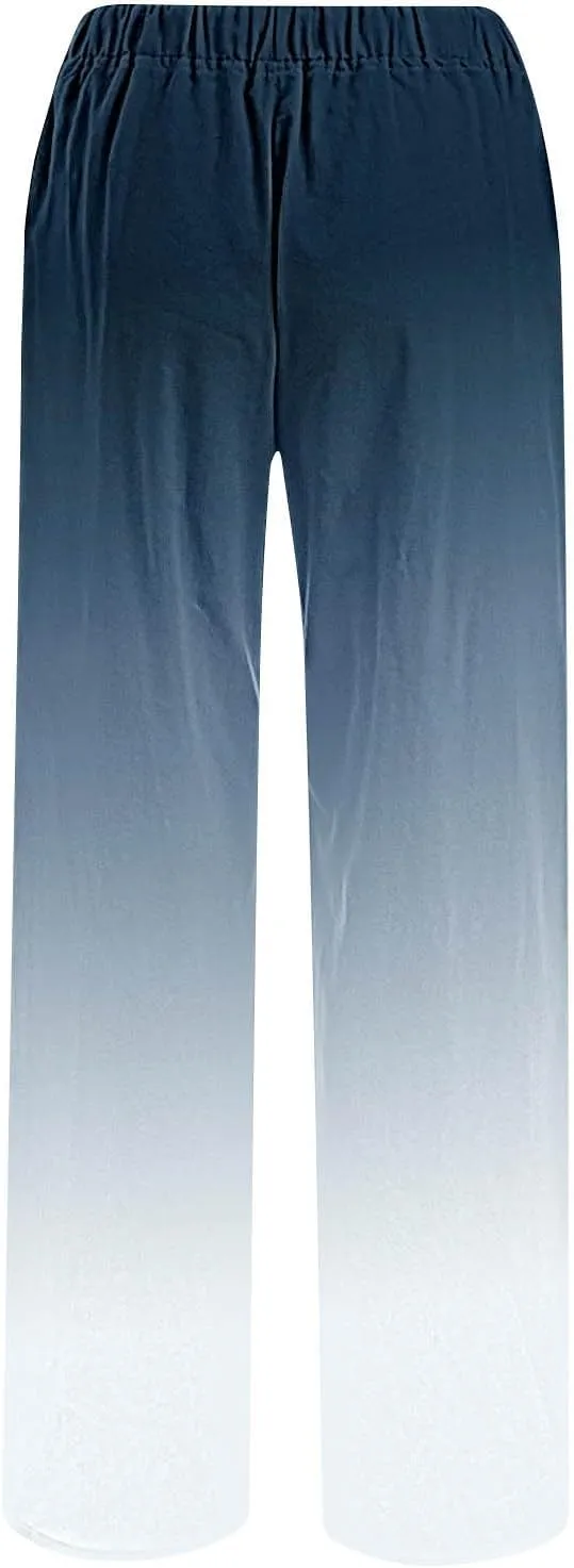 LEMONONSTORE Women Linen Pants Casual Wide Leg Pants Summer Palazzo Pants Loose Flowy Beach Pants Drawstring Elastic Trousers