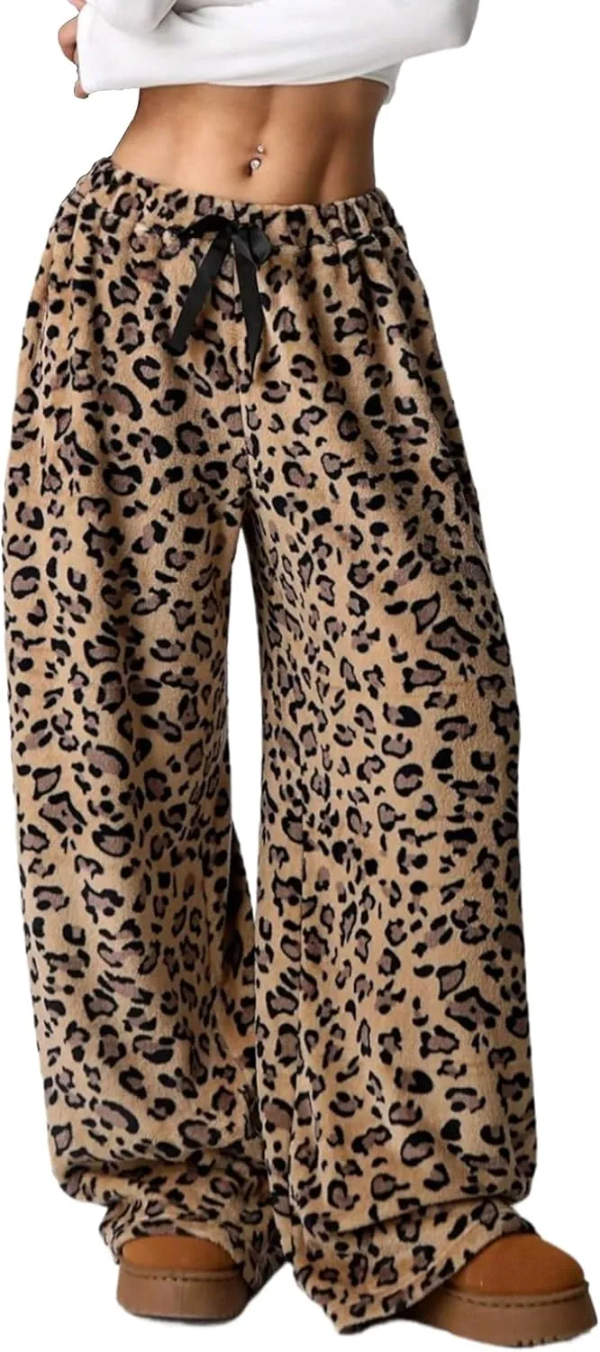 Leopard Pants Women Therian Fuzzy Pajama Pants Y2k Cheetah Pants Grunge High Waisted Fluffy Pants