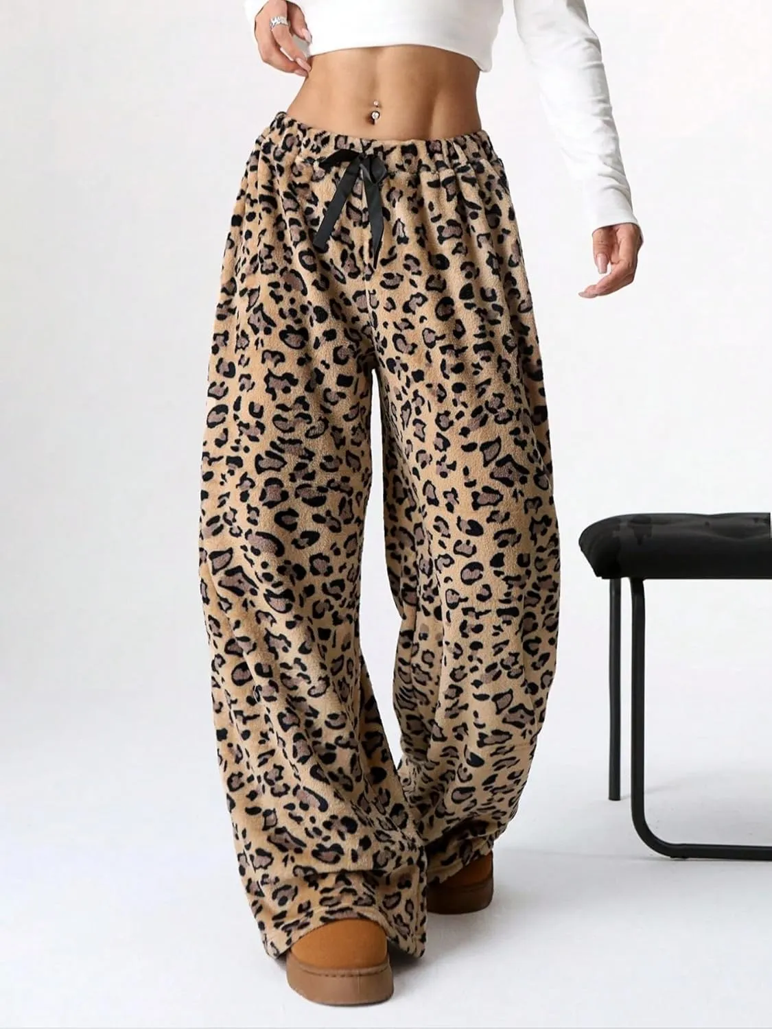 Leopard Pants Women Therian Fuzzy Pajama Pants Y2k Cheetah Pants Grunge High Waisted Fluffy Pants
