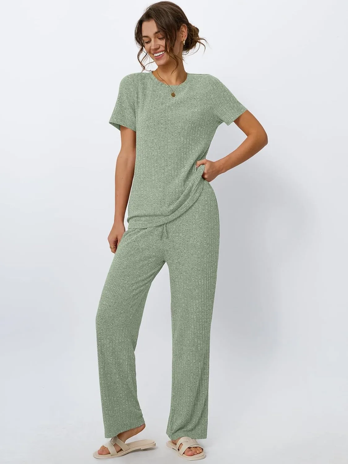 LILLUSORY 2 Piece Lounge Sets for Women Matching Summer Outfits Casual Ribbed Knit Pajamas Wide Leg Pants Trendy Clothes 2025