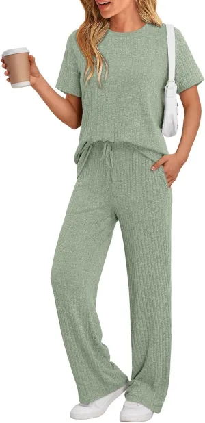 LILLUSORY 2 Piece Lounge Sets for Women Matching Summer Outfits Casual Ribbed Knit Pajamas Wide Leg Pants Trendy Clothes 2025