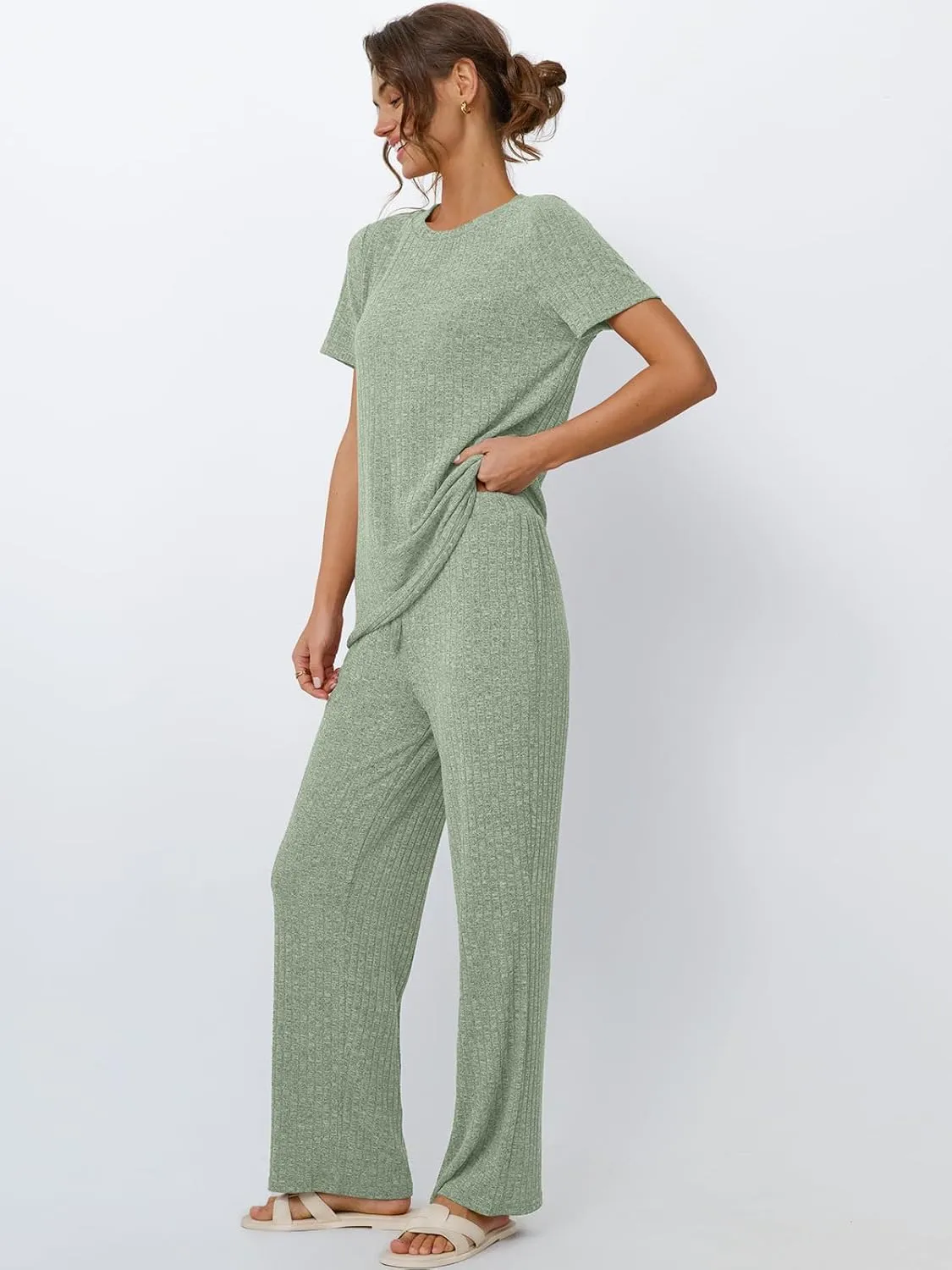 LILLUSORY 2 Piece Lounge Sets for Women Matching Summer Outfits Casual Ribbed Knit Pajamas Wide Leg Pants Trendy Clothes 2025