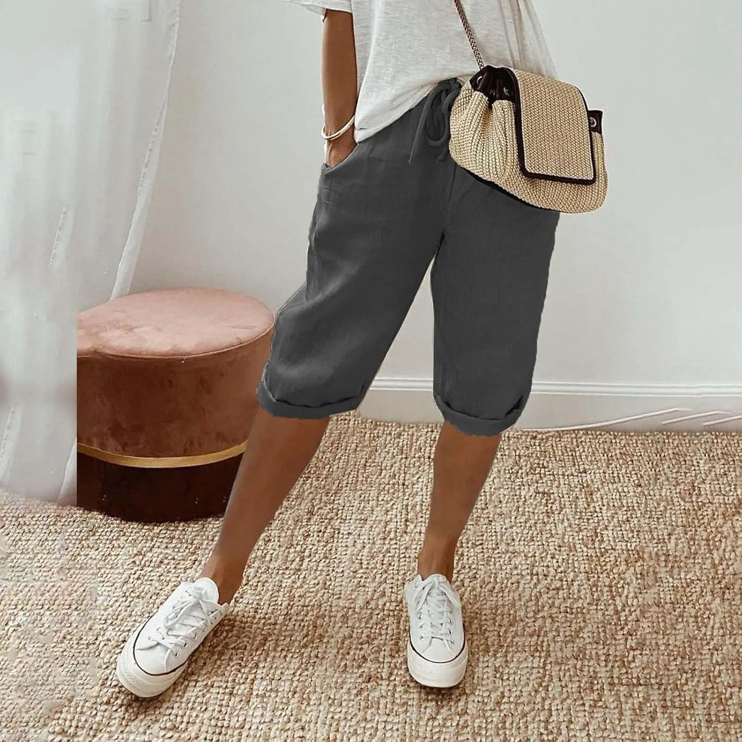 Linen Blend Pants for Women Cotton Linen Elastic Seven Pants Beach Casual Pants Linen Casual Summer Cropped Pants