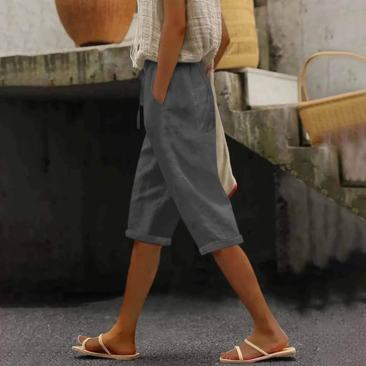 Linen Blend Pants for Women Cotton Linen Elastic Seven Pants Beach Casual Pants Linen Casual Summer Cropped Pants