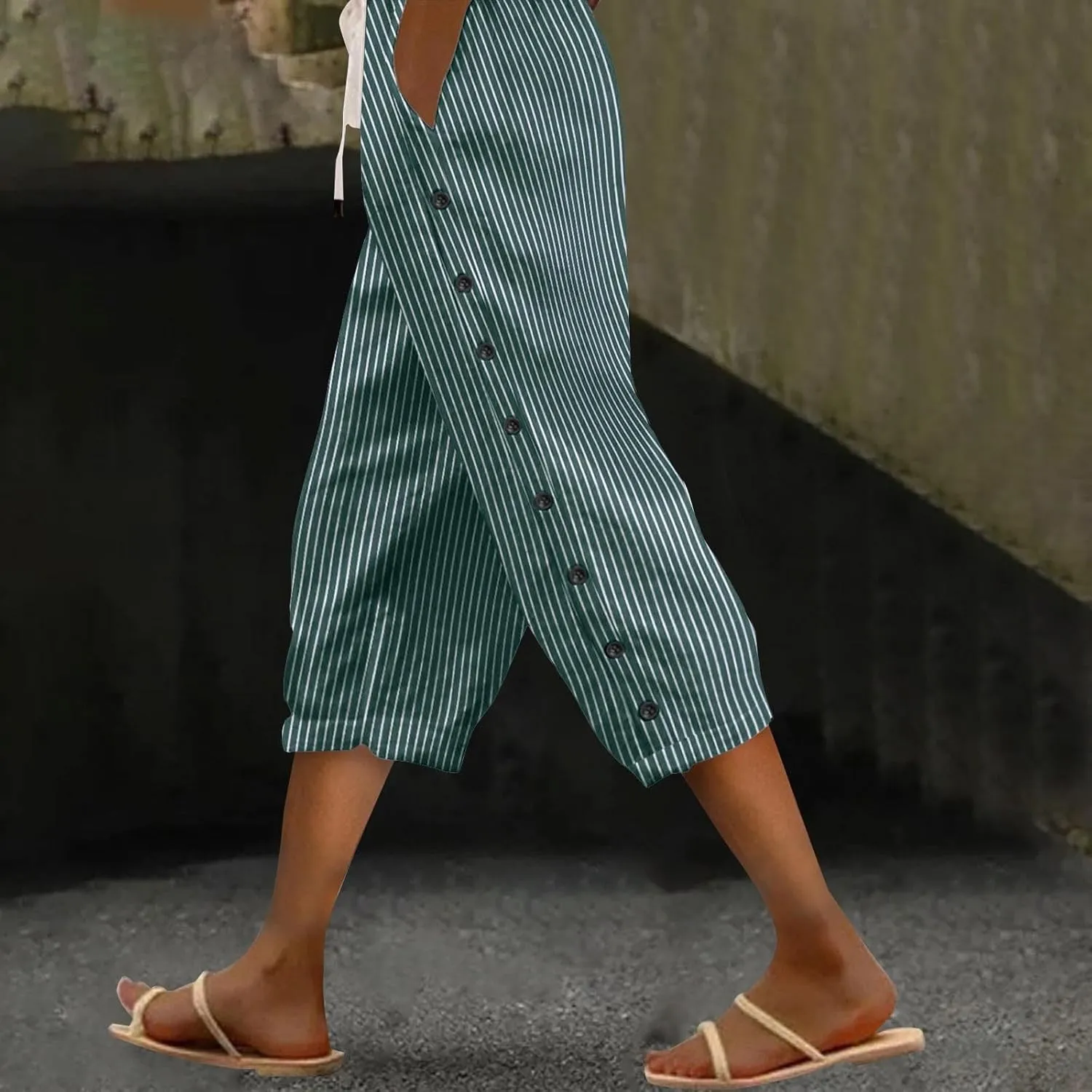 Linen Blend Pants for Women Cotton Linen Elastic Seven Pants Beach Casual Pants Linen Casual Summer Cropped Pants