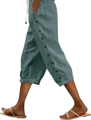 Linen Blend Pants for Women Cotton Linen Elastic Seven Pants Beach Casual Pants Linen Casual Summer Cropped Pants