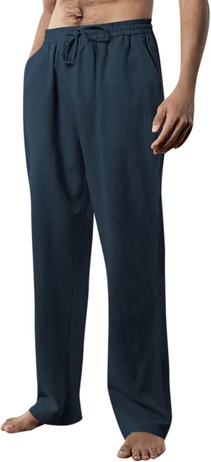 Linen Pants Men Loose Fit Plus Size Casual Pants Lightweight Elastic Waist Beach Pants Drawstring Yoga Pants Joggers