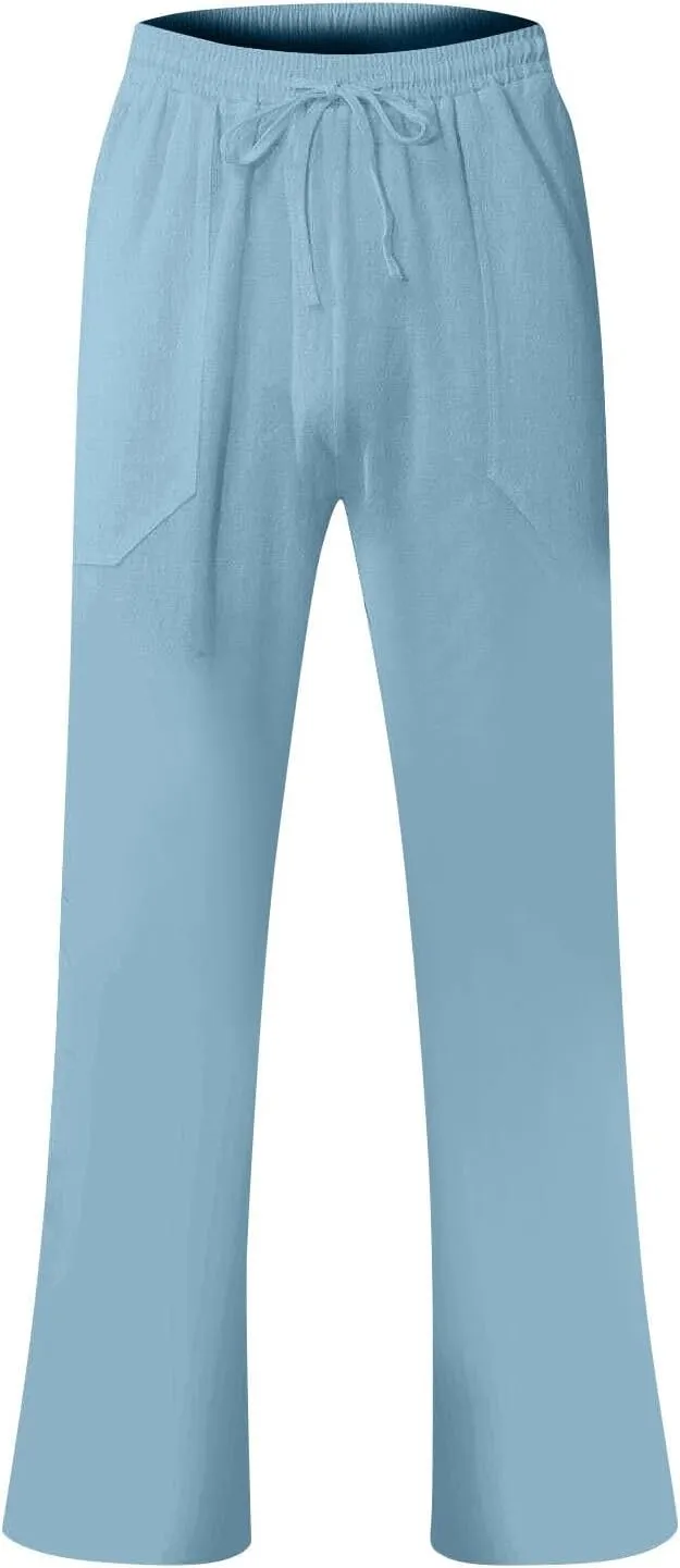 Linen Pants Men Loose Fit Plus Size Casual Pants Lightweight Elastic Waist Beach Pants Drawstring Yoga Pants Joggers