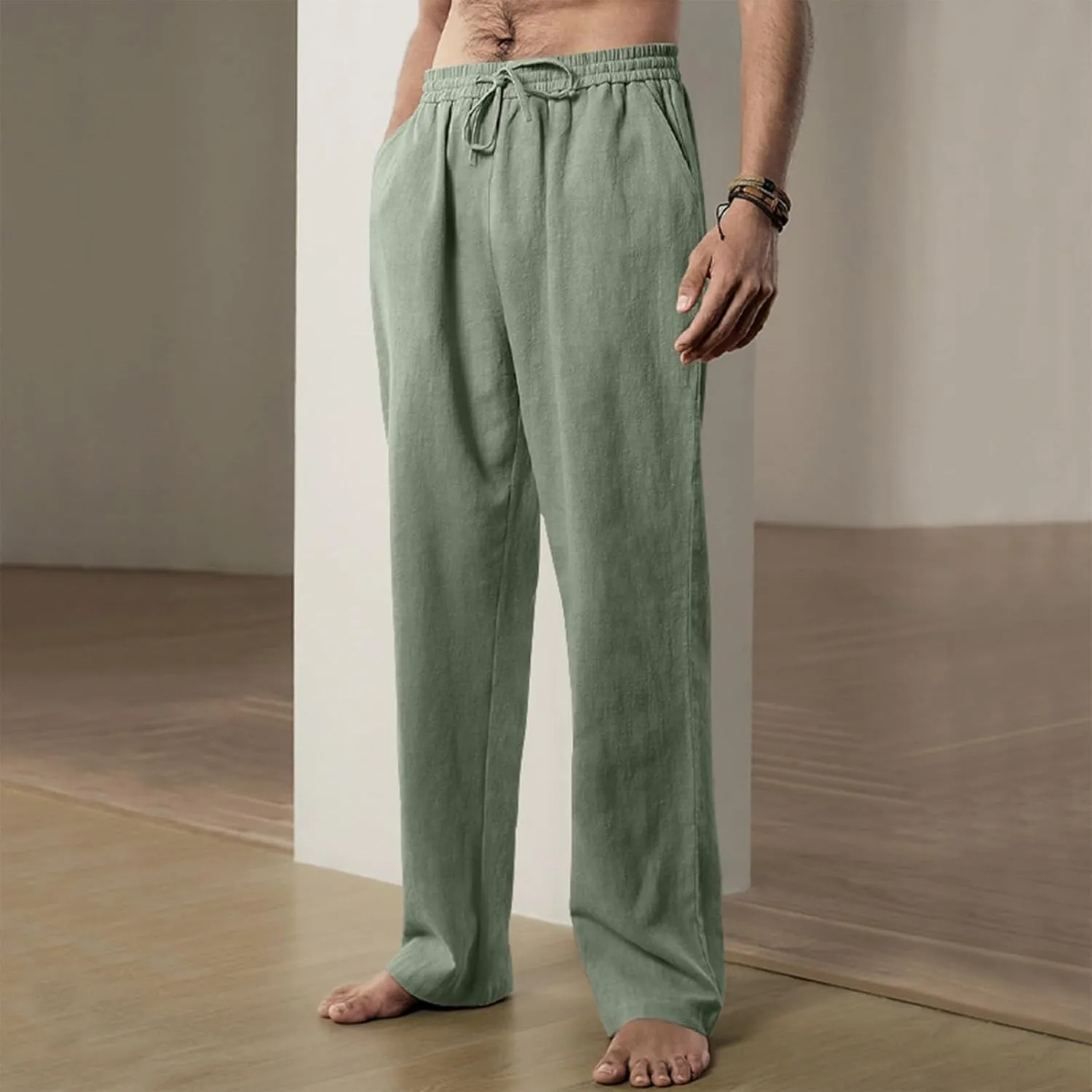 Linen Pants Men Loose Fit Plus Size Casual Pants Lightweight Elastic Waist Beach Pants Drawstring Yoga Pants Joggers