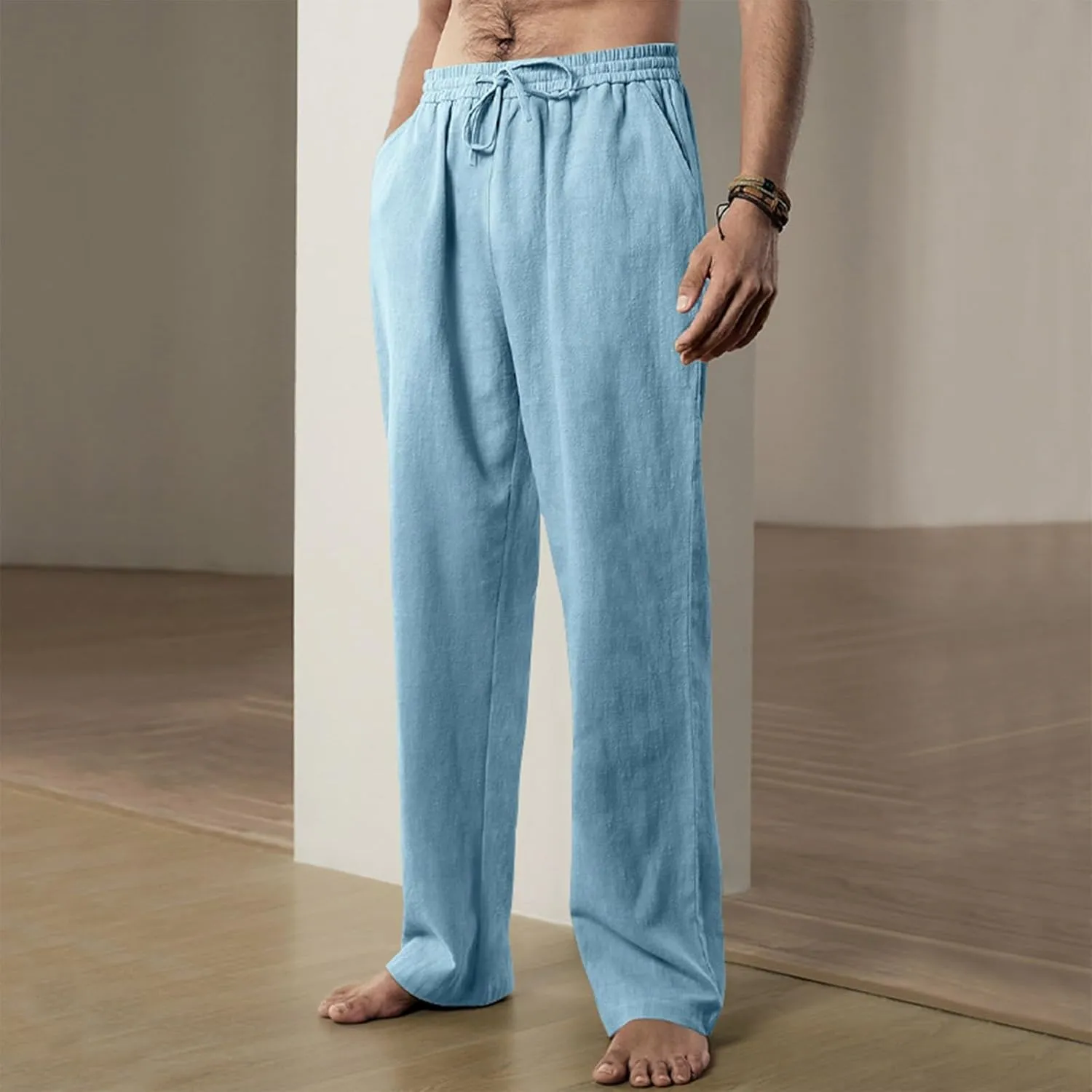 Linen Pants Men Loose Fit Plus Size Casual Pants Lightweight Elastic Waist Beach Pants Drawstring Yoga Pants Joggers