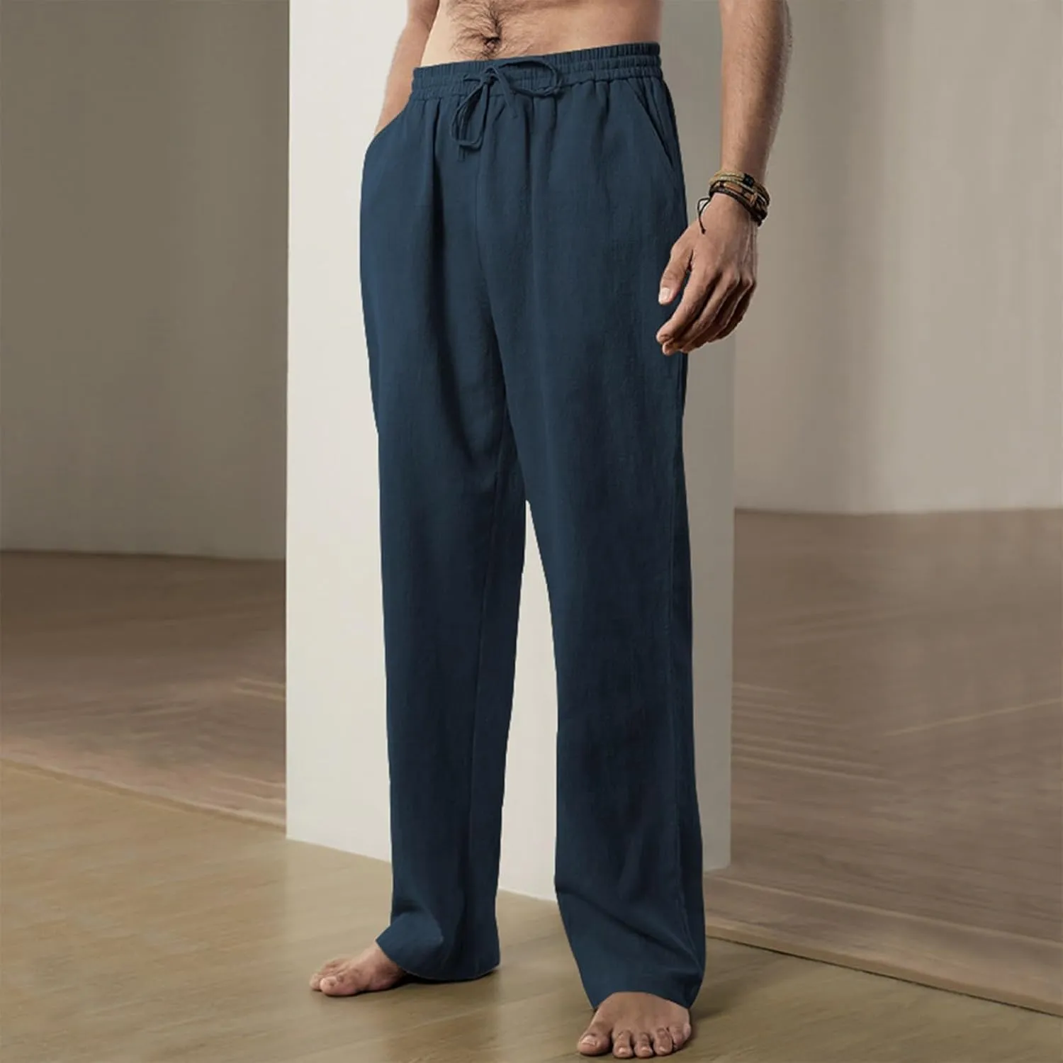 Linen Pants Men Loose Fit Plus Size Casual Pants Lightweight Elastic Waist Beach Pants Drawstring Yoga Pants Joggers