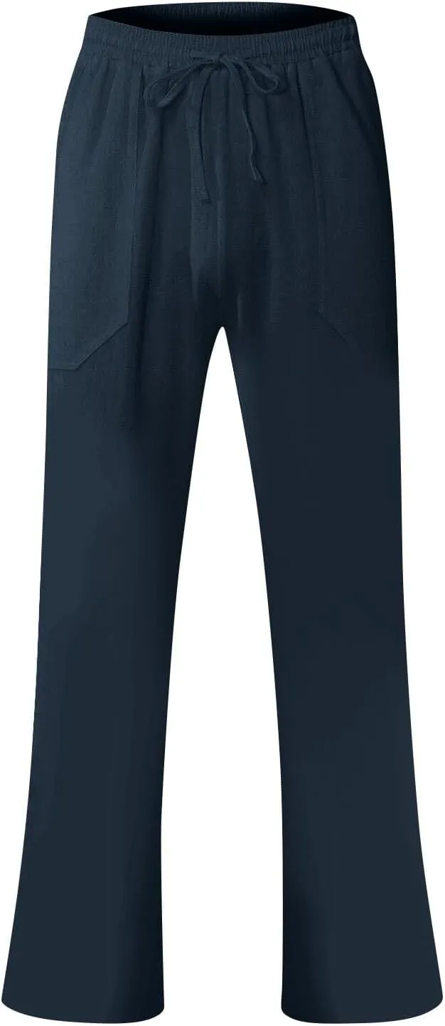 Linen Pants Men Loose Fit Plus Size Casual Pants Lightweight Elastic Waist Beach Pants Drawstring Yoga Pants Joggers