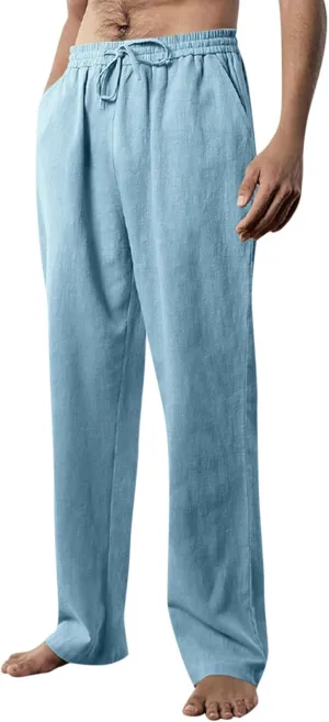 Linen Pants Men Loose Fit Plus Size Casual Pants Lightweight Elastic Waist Beach Pants Drawstring Yoga Pants Joggers