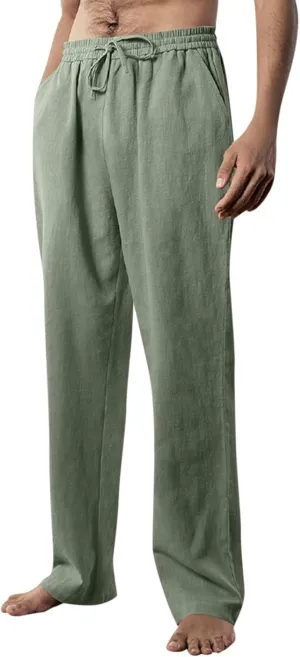 Linen Pants Men Loose Fit Plus Size Casual Pants Lightweight Elastic Waist Beach Pants Drawstring Yoga Pants Joggers