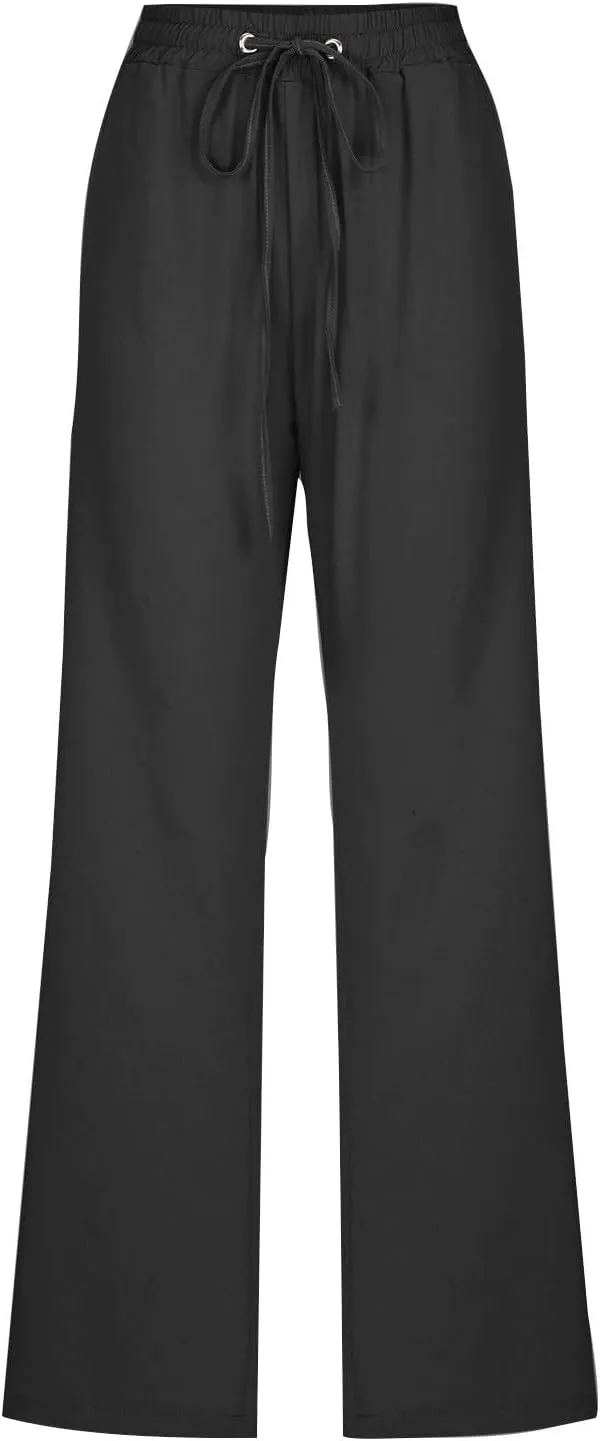 Linen Pants Women Casual Straight Leg Pants High Waisted Drawstring Pants Summer Beach Pants Loose Fit Trousers