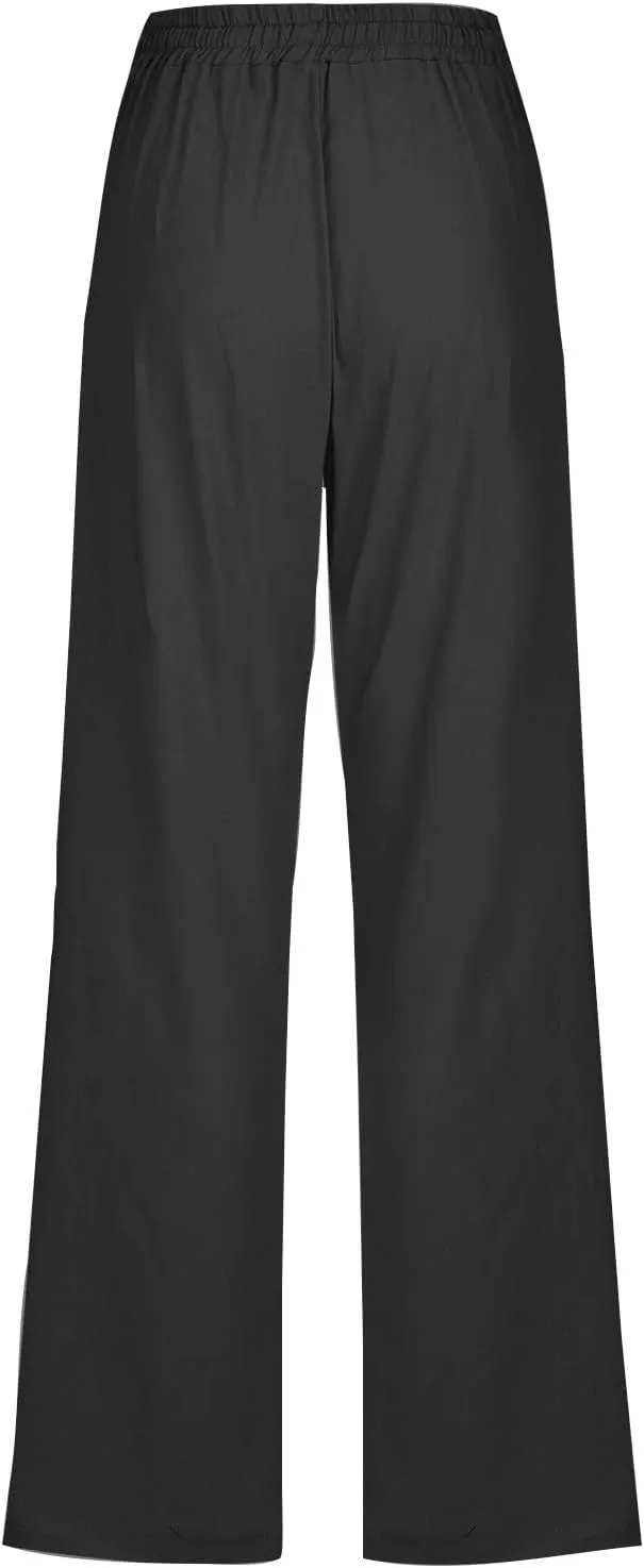 Linen Pants Women Casual Straight Leg Pants High Waisted Drawstring Pants Summer Beach Pants Loose Fit Trousers