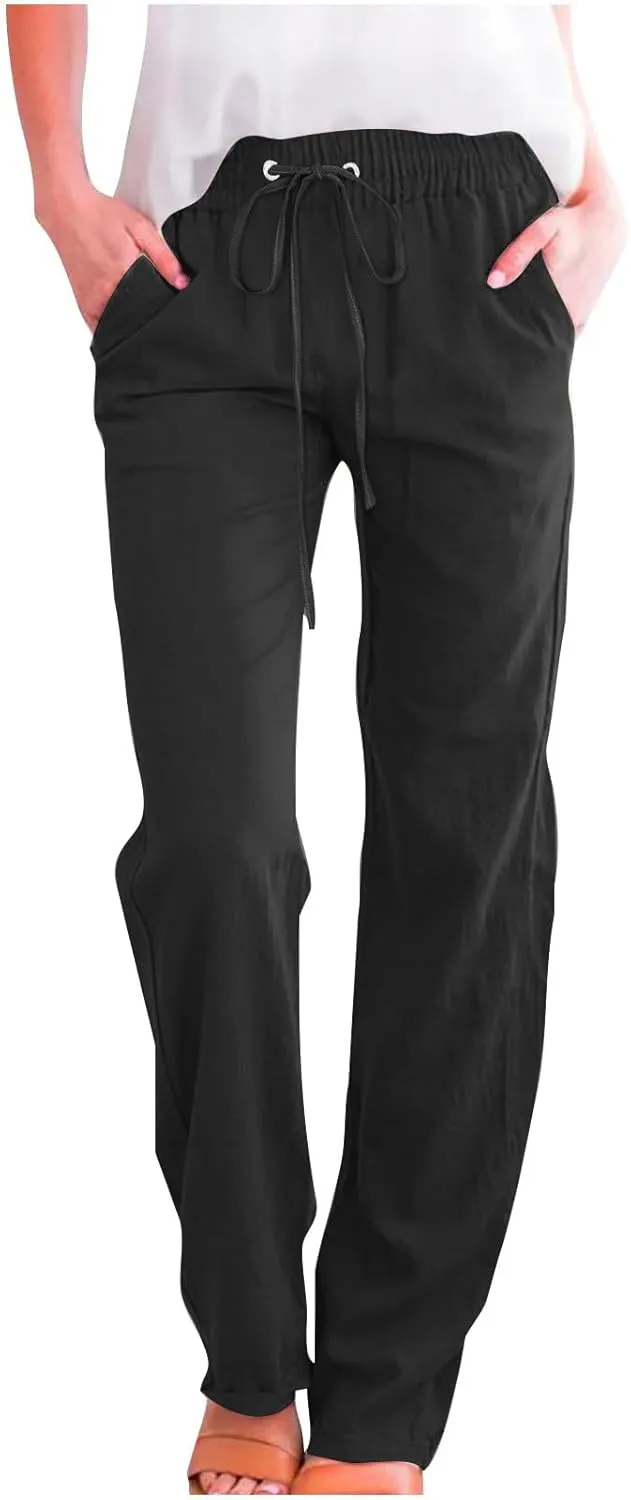 Linen Pants Women Casual Straight Leg Pants High Waisted Drawstring Pants Summer Beach Pants Loose Fit Trousers