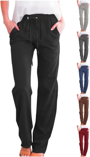 Linen Pants Women Casual Straight Leg Pants High Waisted Drawstring Pants Summer Beach Pants Loose Fit Trousers